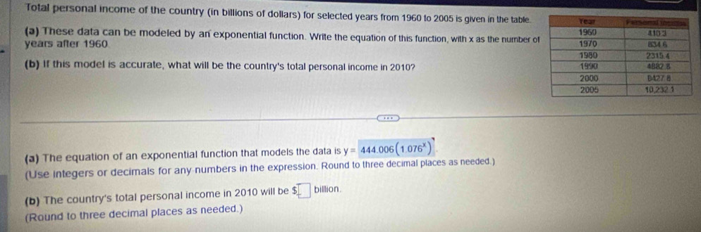 Total personal income of the country (in billions of dollars) for selected years from 1960 to 2005 is given in the table. 
(a) These data can be modeled by an exponential function. Write the equation of this function, with x as the number o
years after 1960
(b) If this model is accurate, what will be the country's total personal income in 2010? 
(3) The equation of an exponential function that models the data is y=444.006(1.076^x)
(Use integers or decimals for any numbers in the expression. Round to three decimal places as needed.) 
(b) The country's total personal income in 2010 will be $□ billion. 
(Round to three decimal places as needed.)