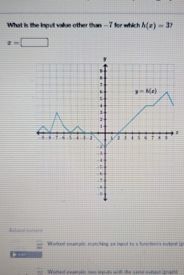 What is the input value other than -7 for which h(x)=3 7
x=□
r
Relased content
Worked example: matching an input to a function's outout i
レ 1:07
Worked example: two inputs with the same output (graph)