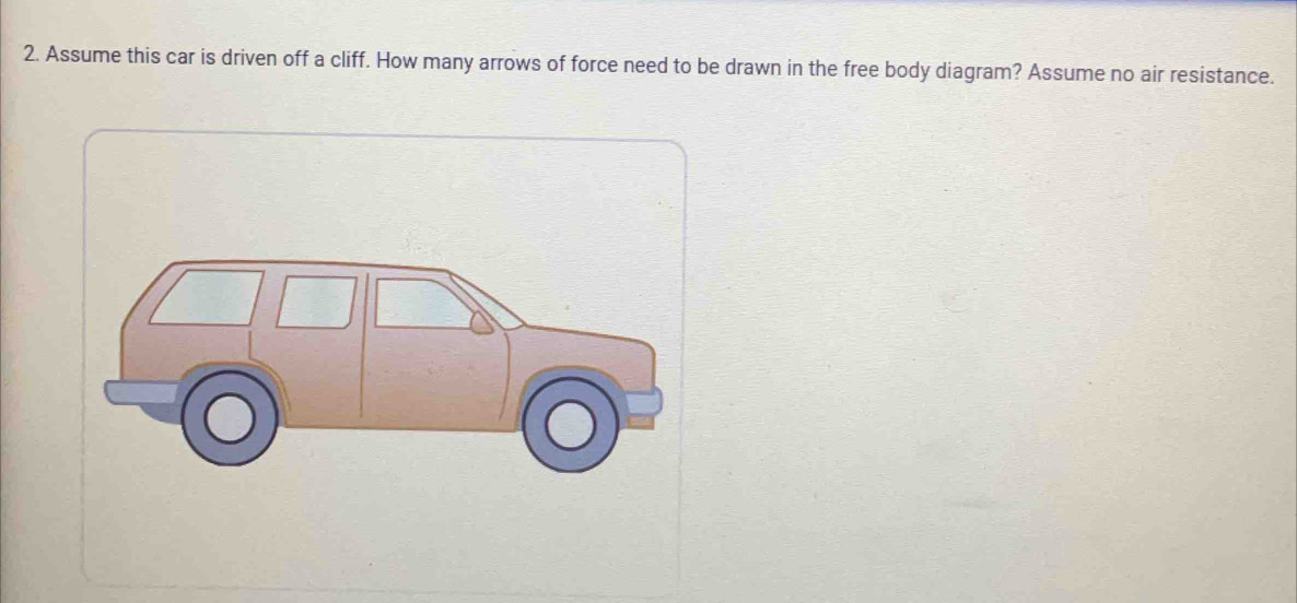 Assume this car is driven off a cliff. How many arrows of force need to be drawn in the free body diagram? Assume no air resistance.