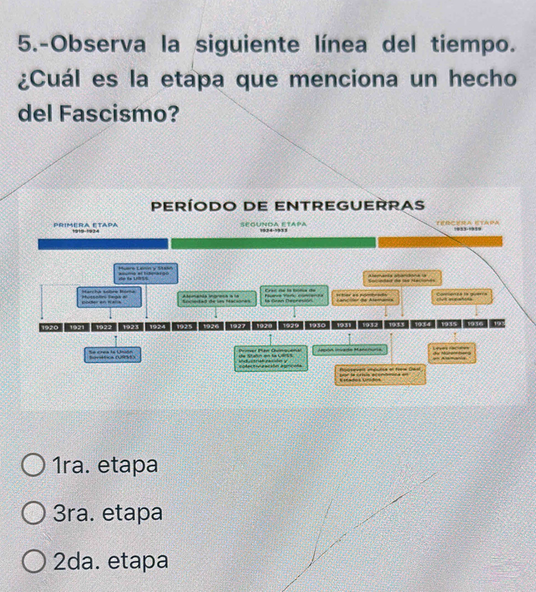 5.-Observa la siguiente línea del tiempo.
¿Cuál es la etapa que menciona un hecho
del Fascismo?
perÍoDO DE ENTREGUERras
PRIMERA ETAPA SEGUNDA ETAPA EA ETAPA
1924-1933 1933-1939
Muare Lénin y Statn
asuma al tiderarso
Alemania afancóna la
de ta URSS Saciactad de lào Nectaháa
Marcha sobre Roma Atemanía ingreía a la Crèc de ls bola de
Mussolini Sega al Doder eb traíía Sewertad del ls Marones Nueve Yoro convenza etor eo nombrado Cancder de Alemurs ciet erpatons Comentá la grí a
la Gran Depresión
1920 1921 1922 1923 1924 1923 1926 1927 1928 1929 1930 1931 ' 1932 ' 1935 1934 1933 1936 193
Se crea lo Unido Prmr Pn Qunquana Lspoa ida Msnenria Leves raciees
Soriética (URS5) de Stain en la UISS a Alamana ừ Mirsl berd
Retectrat ración y
colectwuración agnicela
noosevelt ipulsa ef New Ceal,
Estados Urédos pof le críúa aconómica en
1ra. etapa
3ra. etapa
2da. etapa