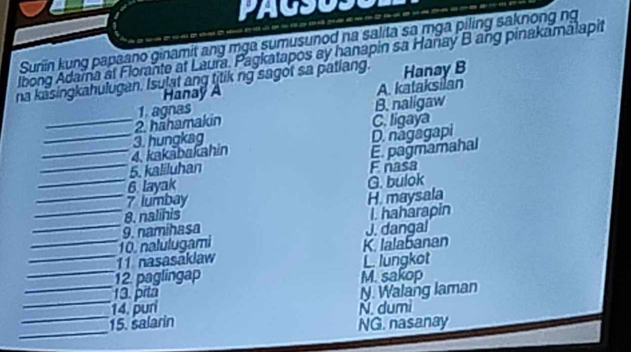 PAGSUSU
c=r？
Suriin kung papaano ginamit ang mga sumusunod na salita sa mga piling saknong ng
lbong Adama at Florante at Laura, Pagkatapos ay hanapin sa Hañay B ang pinakamalapit
na kasingkahulugan. Isulat ang tịtik ng sagot sa patlang. Hanay B
Hanay A
A. kataksilan
1. agnas
B. naligaw
_2. hähamakin C. ligaya
3. hungkag
_
_4. kakabakahin D. nagagapi
E pagmamahal
_
5. kaliluhan F nasa
6. layak
G. bulok
7 lumbay
_
_8. nalihis H. maysala
I. haharapin
9. namihasa J. dangal
_
_10. nalulugami K. lalabanan
_
11 nasasaklaw L. lungkot
12 paglingap M. sakop
_
_13. pita N. Walang laman
_
14. puri N. dumi
_
15. salarin NG. nasanay