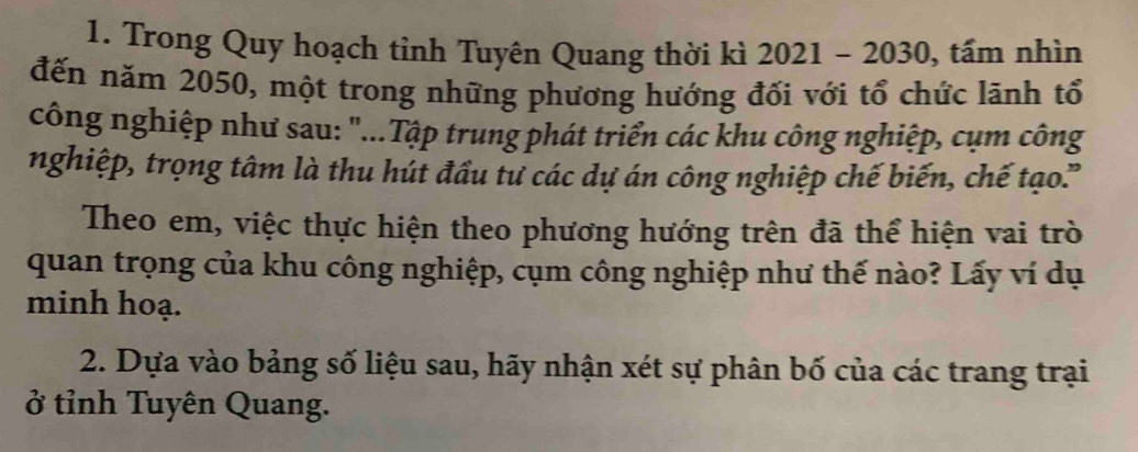 Trong Quy hoạch tỉnh Tuyên Quang thời kì 2021 - 2030, tấm nhìn 
đến năm 2050, một trong những phương hướng đối với tổ chức lãnh tổ 
công nghiệp như sau: "...Tập trung phát triển các khu công nghiệp, cụm công 
nghiệp, trọng tâm là thu hút đầu tư các dự án công nghiệp chế biến, chế tạo.' 
Theo em, việc thực hiện theo phương hướng trên đã thể hiện vai trò 
quan trọng của khu công nghiệp, cụm công nghiệp như thế nào? Lấy ví dụ 
minh hoạ. 
2. Dựa vào bảng số liệu sau, hãy nhận xét sự phân bố của các trang trại 
ở tỉnh Tuyên Quang.