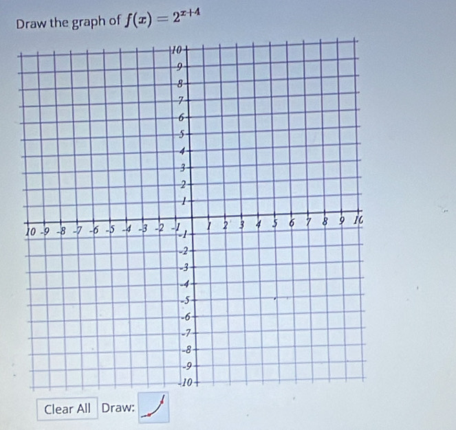 Draw the graph of f(x)=2^(x+4)
Clear All Draw: