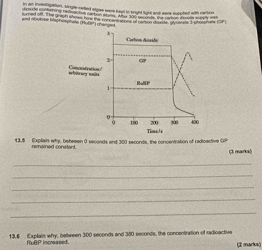 In an investigation, single-celled algae were kept in bright light and were supplied with carbon 
dioxide containing radioactive carbon atoms. After 300 seconds, the carbon dioxide supply was 
turned off. The graph shows how the concentrations of carbon dioxide, glycerate 3 -phosphate (GP) 
and ribulose bisphosphate (RuBP) changed. 
13.5 Explain why, between 0 seconds and 300 seconds, the concentration of radioactive GP 
remained constant. 
(3 marks) 
_ 
_ 
_ 
_ 
_ 
13.6 Explain why, between 300 seconds and 380 seconds, the concentration of radioactive 
RuBP increased. (2 marks)