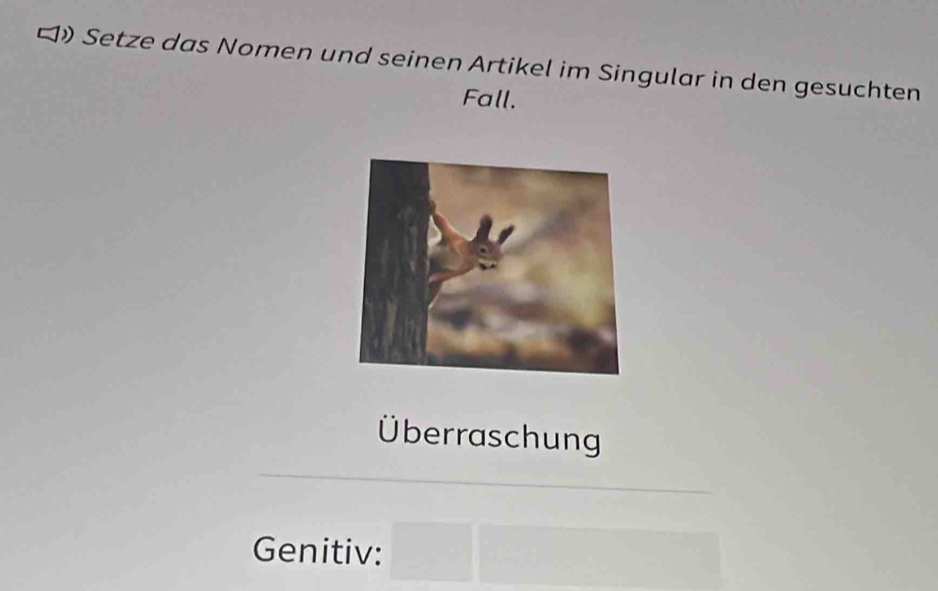 ロ》 Setze das Nomen und seinen Artikel im Singular in den gesuchten 
Fall. 
Überraschung 
Genitiv: