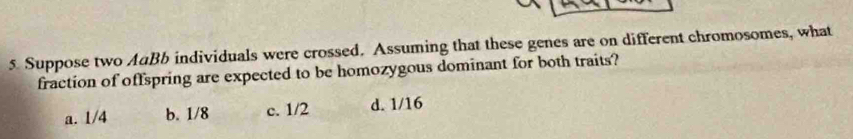 Suppose two AaBb individuals were crossed. Assuming that these genes are on different chromosomes, what
fraction of offspring are expected to be homozygous dominant for both traits?
a. 1/4 b. 1/8 c. 1/2 d. 1/16