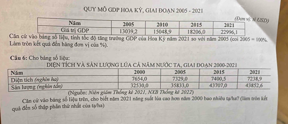 QUY MÔ GDP HOA KỲ, GIAI ĐOẠN 2005 - 2021 
D) 
Căn ệu, tính tốc độ tăng trưởng GDP của Hoa Kỳ năm 2021 so với năm 2005 (coi 2005=100%. 
Làm tròn kết quả đến hàng đơn vị của %). 
Câu 6: Cho bảng số liệu: 
DIỆN TÍCH VÀ SảN LượNG LÚA Cả NăM NƯỚC TA, GIAI ĐOẠN 2000-2021 
(Nguồn: Niên giám Thống kê 2021, NXB Thống kê 2022) 
Căn cứ vào bảng số liệu trên, cho biết năm 2021 năng suất lúa cao hơn năm 2000 bao nhiêu tạ/ha? (làm tròn kết 
quả đến số thập phân thứ nhất của tạ/ha)