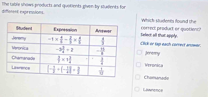 The table shows products and quotients given by students for
different expressions.
Which students found the
correct product or quotient?
Select all that apply.
Click or tap each correct answer.
Jeremy
Veronica
Chamanade
Lawrence