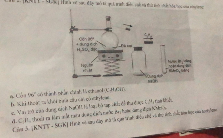 [KNTT -SCR] Hình vẽ sau đây mô tả quá trình điều chế và thứ tính chất hóa học của e:
a. Côn 96° có thành phần chính là ethanol (C_2H_5OH).
b. Khí thoát ra khỏi bình cầu chỉ có ethylene.
c. Vai trò của dung dịch NaOH là loại bỏ tạp chất đề thu được C_2H_4 tinh khiết.
d. C_2H_4 thoát ra làm mắt màu dung dịch nước Br_2 hoặc dung dịch KMn
J_4
Câu 3. [KNTT - SGK] Hình vẽ sau đây mô tả quá trình điều chế và thứ tính chất hóa học của acetylene: