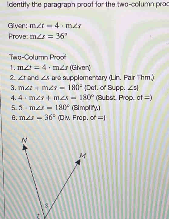 ldentify the paragraph proof for the two-column proc 
Given: m∠ t=4· m∠ s
Prove: m∠ s=36°
Two-Column Proof 
1. m∠ t=4· m∠ s (Given) 
2. ∠ t and ∠ s are supplementary (Lin. Pair Thm.) 
3. m∠ t+m∠ s=180° (Def. of Supp. ∠ s)
4. 4· m∠ s+m∠ s=180° (Subst. Prop. of =) 
5. 5· m∠ s=180° (Simplify.) 
6. m∠ s=36° (Div. Prop. of =) 
t