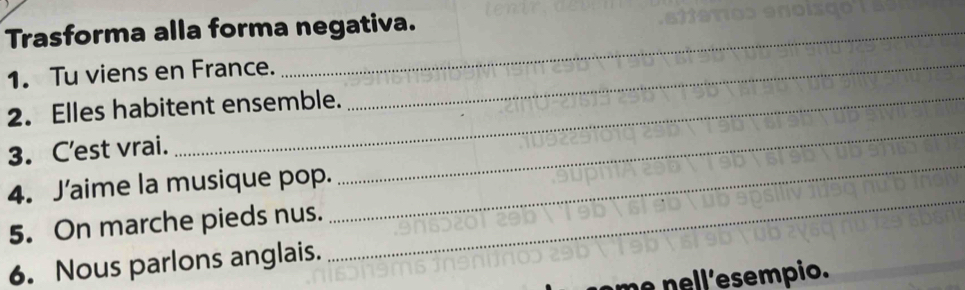 Trasforma alla forma negativa. 
1. Tu viens en France._ 
_ 
2. Elles habitent ensemble. 
_ 
3. C'est vrai. 
_ 
4. J’aime la musique pop. 
5. On marche pieds nus. 
6. Nous parlons anglais. 
me nell'esempio.