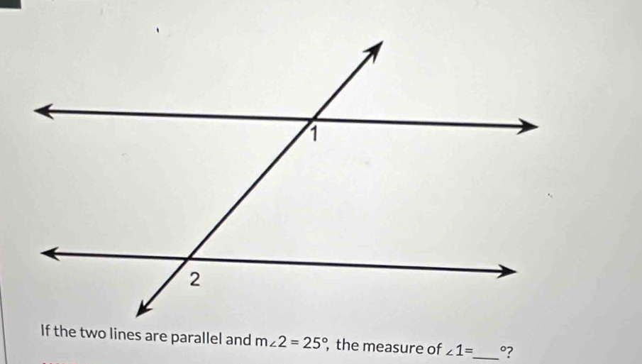 If the two lines are parallel and m∠ 2=25° , the measure of ∠ 1= _  °?