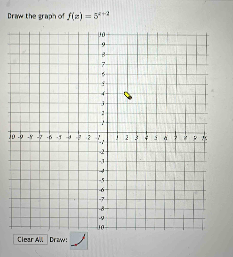 Draw the graph of f(x)=5^(x+2)
1 
Clear All Draw: