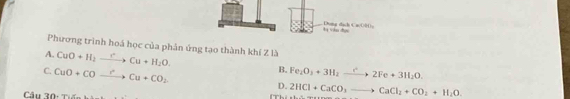 Vị Viào đhọc Dong dach Ca/OH),
Phương trình hoá học của phản ứng tạo thành khí Z là
A. CuO+H_2to Cu+H_2O. B.
C. CuO+COto Cu+CO_2 Fe_2O_3+3H_2to 2Fe+3H_2O.
D. 2HCl+CaCO_3to CaCl_2+CO_2+H_2O. 
Cầu 30: Thể