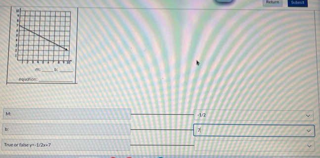 Return Submit
M:
-1/2
b:
7
True or false y=-1/2x+7