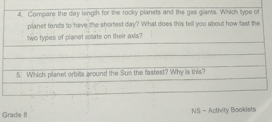 Compare the day length for the rocky planets and the gas giants. Which type of 
planet tends to have the shortest day? What does this tell you about how fast the 
two types of planet rotate on their axis? 
5. Which planet orbits around the Sun the fastest? Why is this? 
Grade 8 NS ~ Activity Booklets