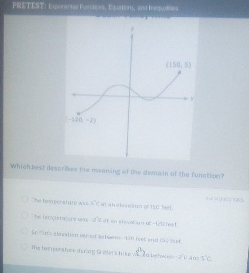 PRETEST: Exponential Functions, Equations, and Inequalities
Whichbest describes the meaning of the domain of the function?
A al 14 QUESTIONS
The temperature was 5°C at an elevation of 150 feet.
The temperature was -2°C at an elevation of -120 feet.
Griffin's elevation varied between -120 feet and 150 feet.
The temperature during Griffin's hike vaced between -2°C and 5°C.