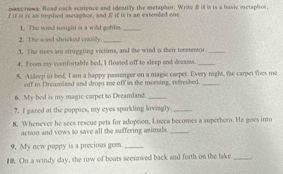 Solved: prections. Read each sentence and identify the metaphor. Write ...