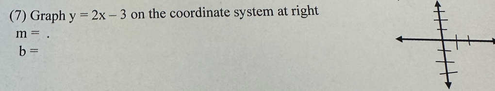 (7) Graph y=2x-3 on the coordinate system at right
m=
b=