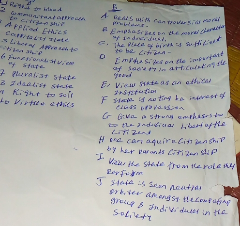 LRignt to blood
B
A Deals with controversial mora
2 communitantapprocen problems.
to citizenship
Applied Ethics B Emphasizes on the moral characa
Carpitalist state
of Indikidual,
C. The Place of birth is suffliend
s liberal Appreach to to be cititen-
citizen ship
6 Functionalstview Emghasizes on the important
D
of state
of seeety in articuletingthe
I luralist state good
B Idealist state E, View state as an othical
a Right to soil institution
F state is noting be interest of
1o Virtue ethics class pppression
Cr Give a strong emphas s to
to the Indiliual Libert ofthe
ciHi zens
H one can aquire Citzenship
by her paronts Citizon ship
I View the stade from the role they
Ror form
J state is seen noutral
oreter amongst the comeeting
group B andividuld in the
solle+y