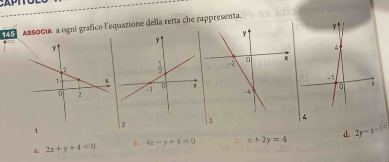 145 ASSOCIA a ogni grafico l’equazione della retta che rappresenta.
4
3
1
d. 2y-x-1=
a. 2x+y+4=0 b. 4x-y+4=0 c. x+2y=4