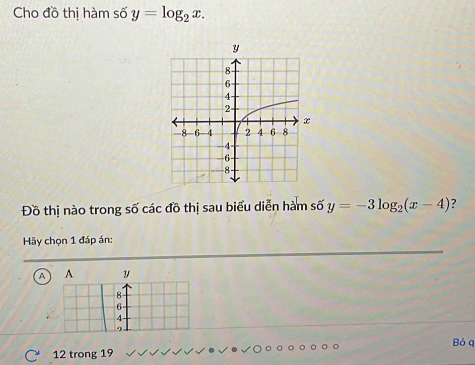 Cho đồ thị hàm số y=log _2x. 
Đồ thị nào trong số các đồ thị sau biểu diễn hàm số y=-3log _2(x-4) ?
Hy chọn 1 đáp án:
A A Y
8
6
4
9
Bỏ q
12 trong 19