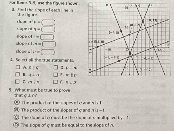 For Items 3-5, use the figure shown. 
3. Find the slope of each line in
the figure.
slope of p=□
slope of q=□
slope of r=□
slope of m=□
slope of n=□
4. Select all the true statements.
A. pparallel q D. p⊥ m
B. q⊥ n E. mparallel p
C. mparallel n F. n⊥ p
5. What must be true to prove
that q⊥ n
A The product of the slopes of q and n is 1.
B The product of the slopes of q and n is -1.
© The slope of q must be the slope of n multiplied by −1.
① The slope of q must be equal to the slope of n.