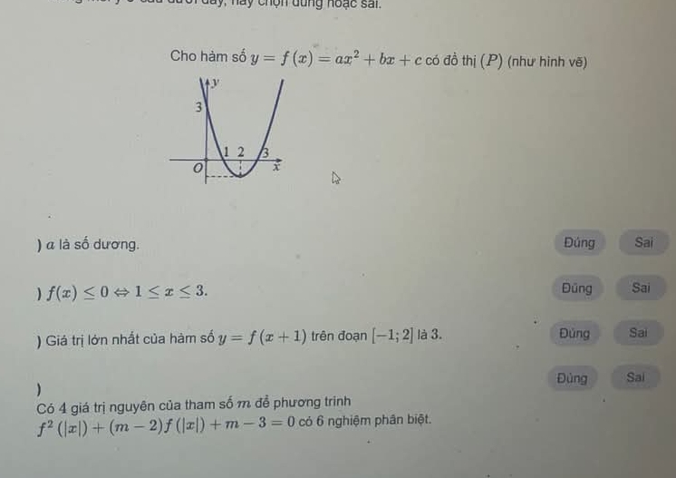 y, n ay chộn dung hoạc sai.
Cho hàm số y=f(x)=ax^2+bx+c có đồ t n| (P) (như hình vẽ)
) a là số dương. Đúng Sai
f(x)≤ 0Leftrightarrow 1≤ x≤ 3. 
Đũng Sai
) Giá trị lớn nhất của hàm số y=f(x+1) trên đoạn [-1;2] là 3. Đủng Sai
Đùng Sai
)
Có 4 giá trị nguyên của tham số m để phương trình
f^2(|x|)+(m-2)f(|x|)+m-3=0 có 6 nghiệm phân biệt.