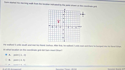 Sam started his morning walk from the location indicated by the point shown on the coordinate grid.
He walked 5 units south and met his friend Joshua. After that, he walked 2 units east and there he bumped into his friend Ethan.
At what location on the coordinate grid did Sam meet Ethan?
A. point (-1,-3)
B. point (-3,5)
nmint f
6 of 20 Answered Session Timer: 28:04 Session Score: 67