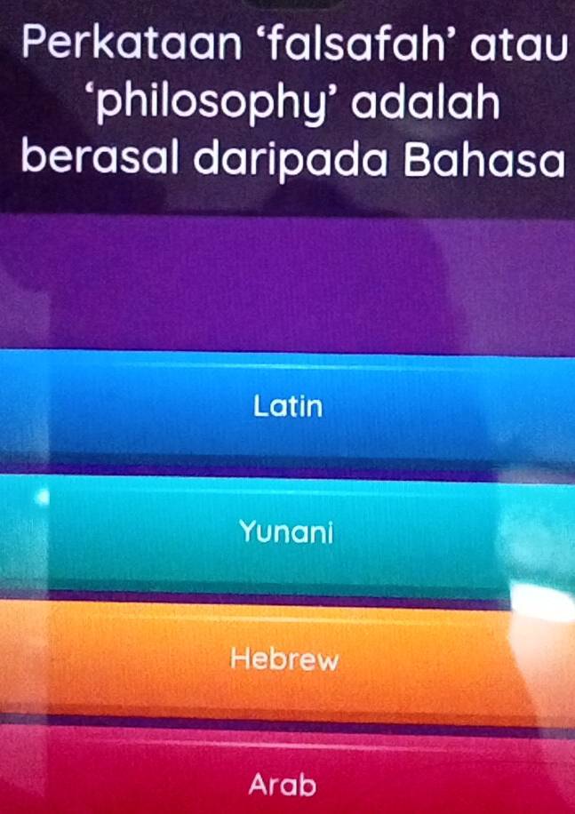 Perkataan ‘falsafah’ atau
‘philosophy’ adalah
berasal daripada Bahasa
Latin
Yunani
Hebrew
Arab