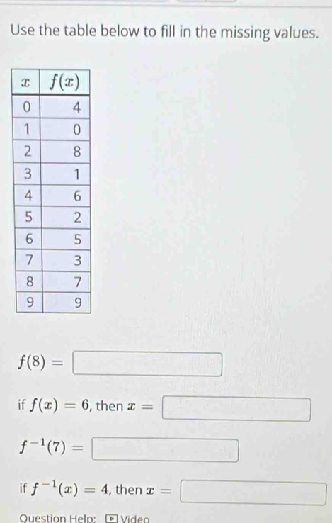 Use the table below to fill in the missing values.
f(8)=□
if f(x)=6 , then x=□
f^(-1)(7)=□
if f^(-1)(x)=4 , then x=□
Question Help: Video