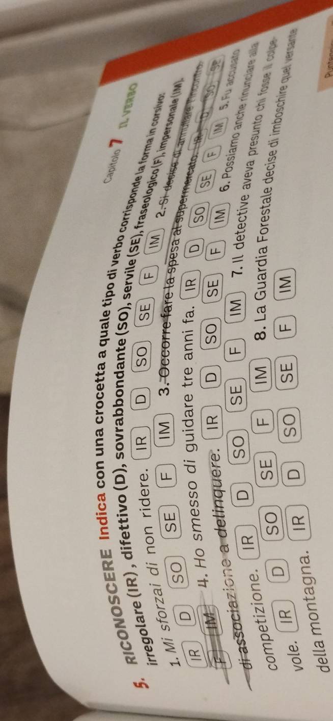 Capitolo IL VERBO
5. RICONOSCERE Indica con una crocetta a quale tipo di verbo corrisponde la forma in corsivo
D so SE F IM
irregolare (IR) , difettivo (D), sovrabbondante (SO), servile (SE), fraseologico (F), impersonale (IM)
1. Mi sforzai di non ridere. IR
2. Sí decise di annullare lincontro
D
so SE F IM 3. Occorre fare la spesa al supermercato
IR
IM
4. Ho smesso di guidare tre anni fa. IR D
so SE F IM 5. Fu accusato
di associazione a delinquere. IR D so SE
D so
IM
F IM 6. Possíamo anche rinunciare alla
competizione. IR D so SE F 7. Il detective aveva presunto chi fosse i colpe
vole. 「IR D so SE F IM 8. La Guardia Forestale decise di imboschire quel versante
della montagna. IR D so SE F
IM
Puntennin