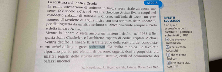 La scrittura nell’antica Grecia STORIA 
La prima attestazione di scrittura in lingua greca risale all’epoca mi- 
cenea (XV secolo a.C.): nel 1900 l’archeologo Arthur Evans scoprì nel 
cosiddetto palazzo di minosse a Cnosso, sull'isola di Creta, un gran 
numero di tavolette di argilla incise con una scrittura detta lineare B, SUL LESSICO RIFLETTI 
5 per distinguerla da un’altra scrittura sillabica rinvenute sempre a Creta Con quale 
e detta lineare A. […] espressione puoi 
Mentre la lineare A resta ancora un mistero irrisolto, nel 1953 il lin- sostituire il participio 
guista John Chadwick e l'architetto esperto di codici criptati Michael subentrati (r. 10)? a che avevand 
Ventris decifrò la lineare B: si tratterebbe della scrittura dei conquista- sottomesso 
10 tori achei di lingua greca subentrati alla civiltà minoica. Le tavolette b che si erand 
riportano per lo più elenchi di persone, oggetti, doni e proprietà: era sostituiti 
infatti i registri delle attività amministrative, civili ed economiche dei fusi con che si erano 
palazzi micenei. d che erano stati 
(A. Marcolongo, La língua geniale, Laterza, Roma-Bari 2016) sconfitti