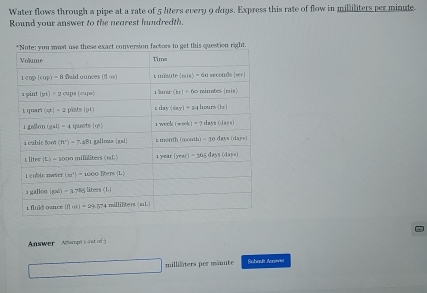 Water flows through a pipe at a rate of 5 liters every 9 days. Express this rate of flow in milliliters per minute
Round your answer to the nearest hundredth.
Answer  Amompn s  o et of  y
∴ ∠ A-C=∠ B-∠ C)=90° milliäters per mänute Sobnslt Anever