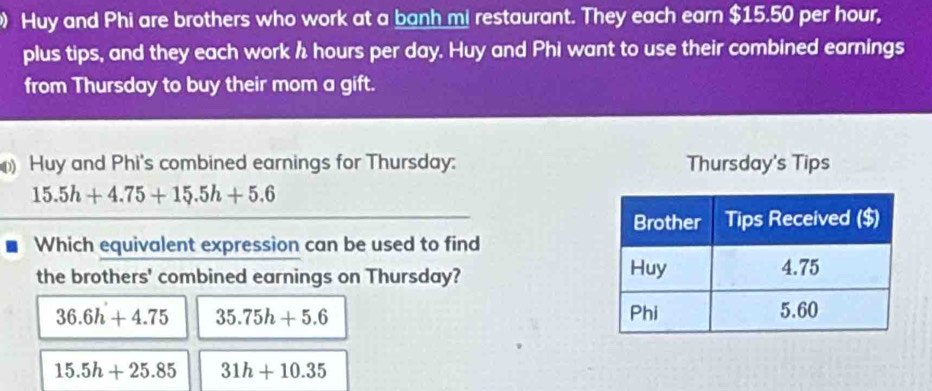 Huy and Phi are brothers who work at a banh mi restaurant. They each earn $15.50 per hour,
plus tips, and they each work h hours per day. Huy and Phi want to use their combined earnings
from Thursday to buy their mom a gift.
Huy and Phi's combined earnings for Thursday: Thursday's Tips
15.5h+4.75+15.5h+5.6
Which equivalent expression can be used to find
the brothers' combined earnings on Thursday?
36.6h+4.75 35.75h+5.6
15.5h+25.85 31h+10.35