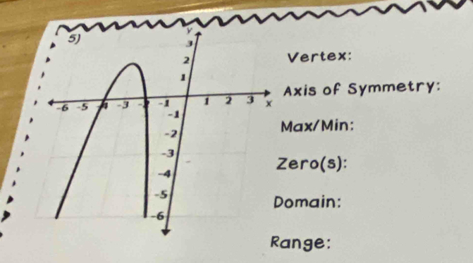 Vertex: 
Axis of Symmetry: 
Max/Min: 
Zero(s): 
omain: 
ange: