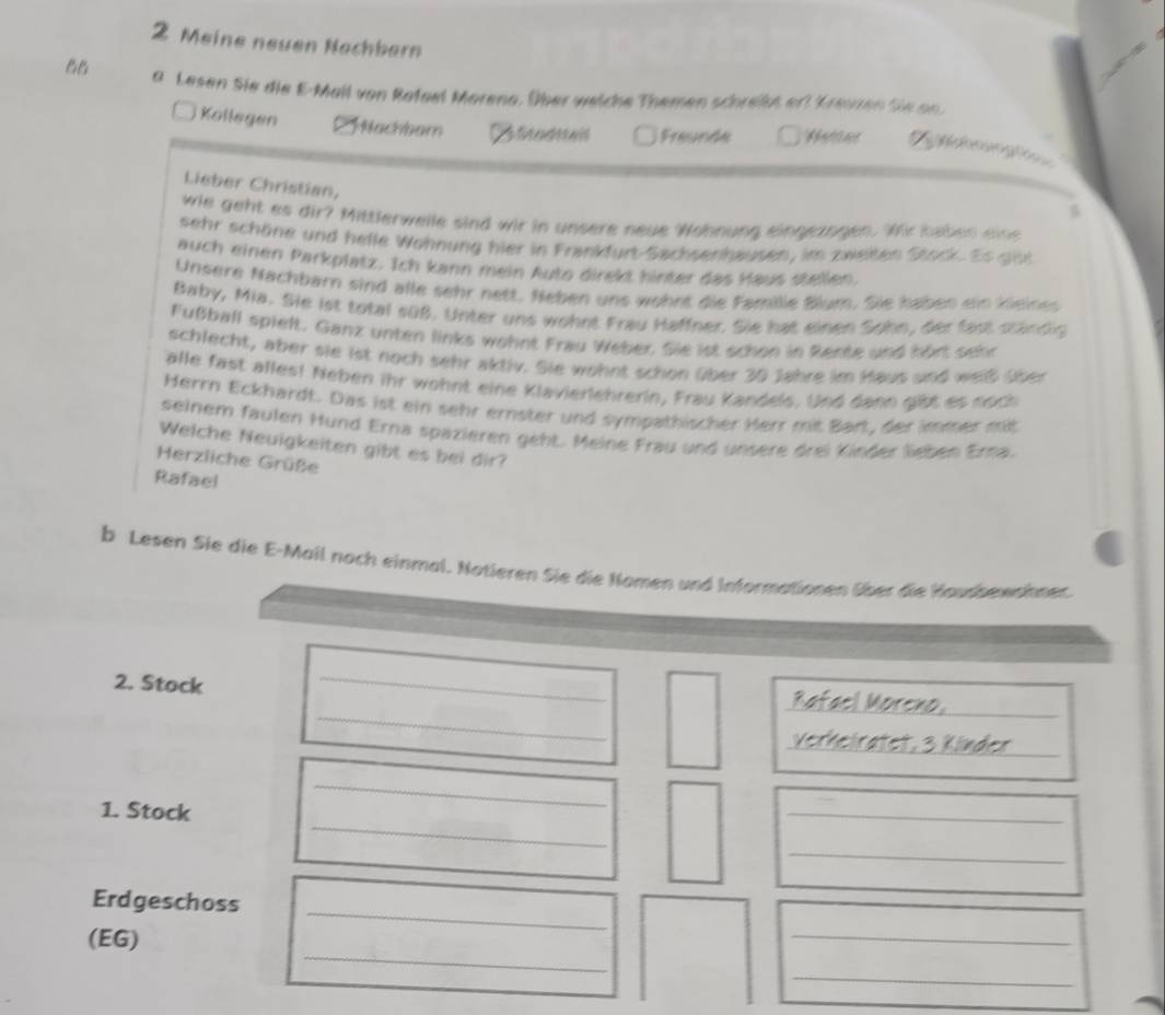 Meine neuen Nachbern 
a Lesen Sie die E-Mail von Rafael Moreno. Über welche Themen schreikt ert Kreuzen Sie on. 
Kollegen Hachbam C teadrens Freunde 
u 
Lieber Christian, 
wie geht as dir? Mittlerwelle sind wir in unsere neue Wohnung eingezogen. Wir baben eine 
sehr schöne und helle Wohnung hier in Frankfurt-Sachsenhausen, im zweiten Stock. Es git 
auch einen Parkplatz. Ich kann mein Auto direkt hinter das Haus stellen. 
Unsere Nachbarn sind alle sehr nett. Neben uns wohnt die Familie Blum. Sie kaben ein kleines 
Baby, Mia. Sie lst total süB. Unter uns wohnt Frau Haffner. Sie hat einen Sohn, der fast ständig 
Fußball spieft. Ganz unten links wohnt Frau Weber. Sie ist schon in Rente und hört sehe 
schlecht, aber sie ist noch sehr aktlv. Sie wohnt schon über 30 Jahre im Haus und weiß über 
alle fast alles! Neben ihr wohnt eine Klavierlehrerin, Frau Kandels. Und dann gibt es noch 
Herrn Eckhardt. Das ist ein sehr ernster und sympathischer Herr mit Bart, der immer mit 
seinem faulen Hund Erna spazieren geht. Meine Frau und unsere drei Kinder lieben Erna. 
Welche Neuigkeiten gibt es bei dir? 
Herzliche Grüße 
Rafael 
b Lesen Sie die E-Mail noch einmal. Natieren Sie die Nomen und Informationen über die Hausbewahner 
2. Stock 
_ 
_ 
_ 
_ 
_ 
_ 
_ 
1. Stock 
_ 
_ 
_ 
_ 
Erdgeschoss 
_ 
_ 
(EG) 
_