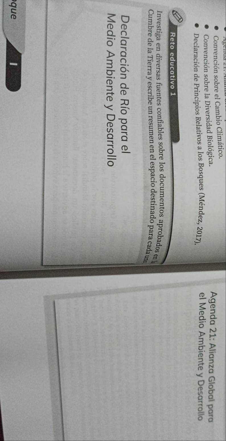 Convención sobre el Cambio Climático. 
Convención sobre la Diversidad Biológica. 
Agenda 21: Alianza Global para 
Declaración de Principios Relativos a los Bosques (Méndez, 2017). 
el Medio Ambiente y Desarrollo 
Reto educativo 1 
Investiga en diversas fuentes confiables sobre los documentos aprobados en la 
Cumbre de la Tierra y escribe un resumen en el espacio destinado para cada uno 
Declaración de Río para el 
Medio Ambiente y Desarrollo 
que I