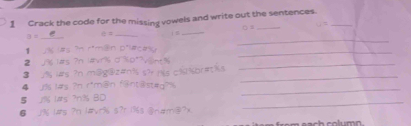 Crack the code for the missing vowels and write out the sentences._
u=
_
D= _ 
_
a= __ e= _ j =
1 
_ 
2 
_ 
3 
_ 
_ 
5 
_ 
6