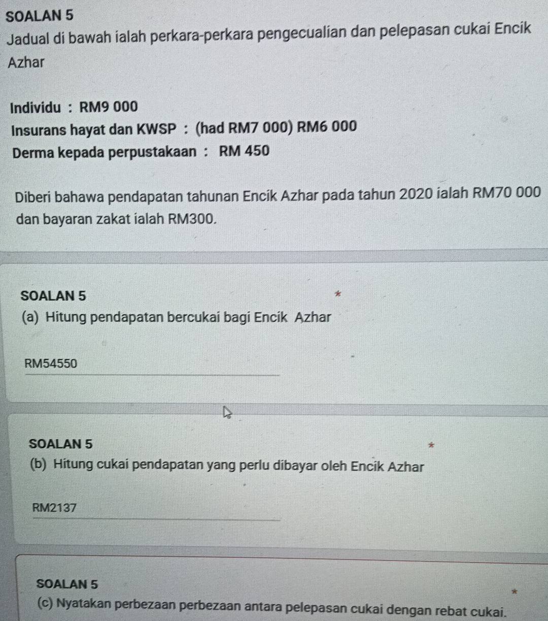 SOALAN 5 
Jadual di bawah ialah perkara-perkara pengecualian dan pelepasan cukai Encik 
Azhar 
Individu : RM9 000
Insurans hayat dan KWSP : (had RM7 000) RM6 000
Derma kepada perpustakaan : RM 450
Diberi bahawa pendapatan tahunan Encik Azhar pada tahun 2020 ialah RM70 000
dan bayaran zakat ialah RM300. 
SOALAN 5 
(a) Hitung pendapatan bercukai bagi Encik Azhar
RM54550
SOALAN 5
(b) Hitung cukai pendapatan yang perlu dibayar oleh Encik Azhar
RM2137
SOALAN 5 
(c) Nyatakan perbezaan perbezaan antara pelepasan cukai dengan rebat cukai.