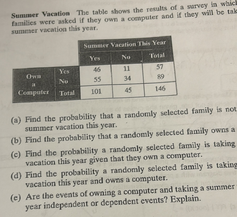 Summer Vacation The table shows the results of a survey in which 
families were asked if they own a computer and if they will be tak 
ummer vacation this year. 
(a) Find the probability that a randomly selected family is not 
summer vacation this year. 
(b) Find the probability that a randomly selected family owns a 
(c) Find the probability a randomly selected family is taking 
vacation this year given that they own a computer. 
(d) Find the probability a randomly selected family is taking 
vacation this year and owns a computer. 
(e) Are the events of owning a computer and taking a summer 
year independent or dependent events? Explain.