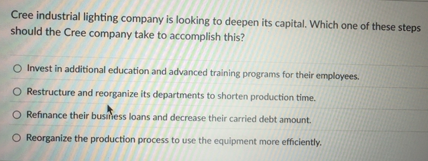 Solved: Cree industrial lighting company is looking to deepen its ...