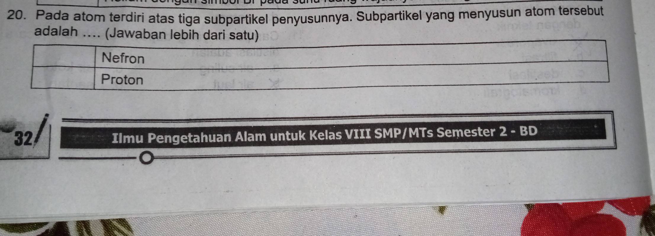 Pada atom terdiri atas tiga subpartikel penyusunnya. Subpartikel yang menyusun atom tersebut 
adalah .... (Jawaban lebih dari satu) 
32 
Ilmu Pengetahuan Alam untuk Kelas VIII SMP/MTs Semester 2 - BD