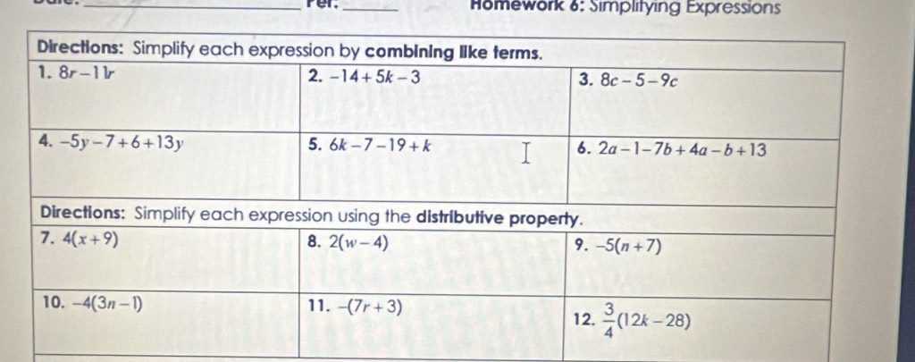 Fer.  omework &: Simplitying Expressions