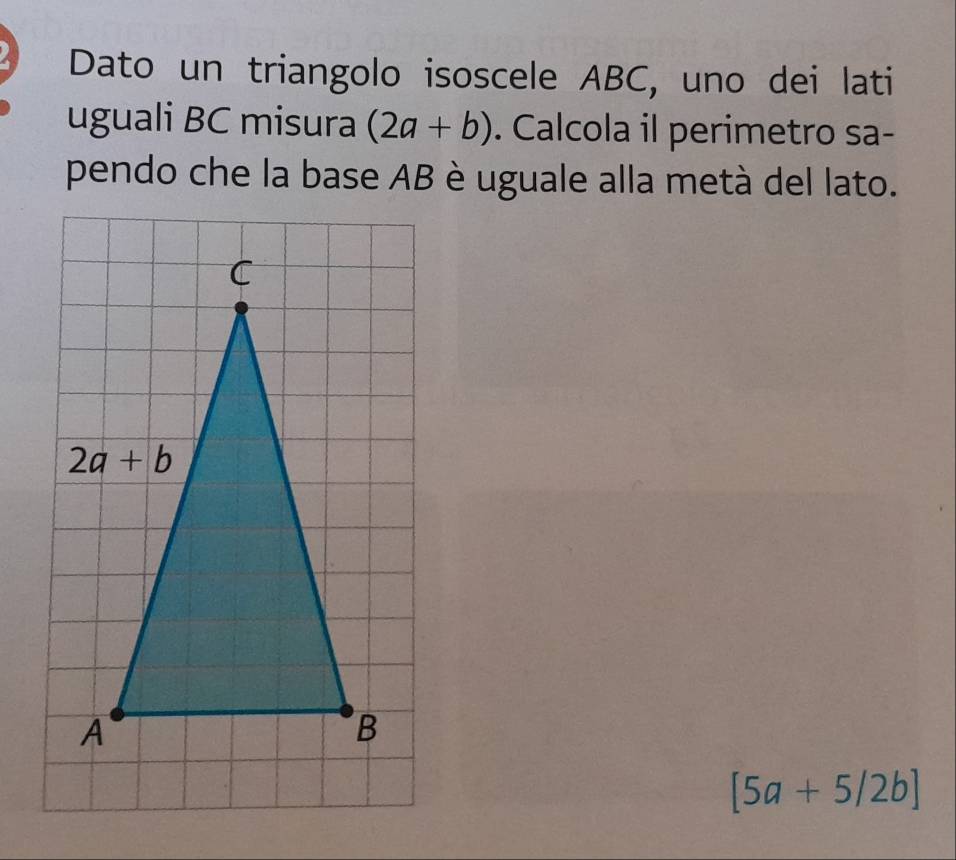 Dato un triangolo isoscele ABC, uno dei lati
uguali BC misura (2a+b). Calcola il perimetro sa-
pendo che la base AB è uguale alla metà del lato.
[5a+5/2b]