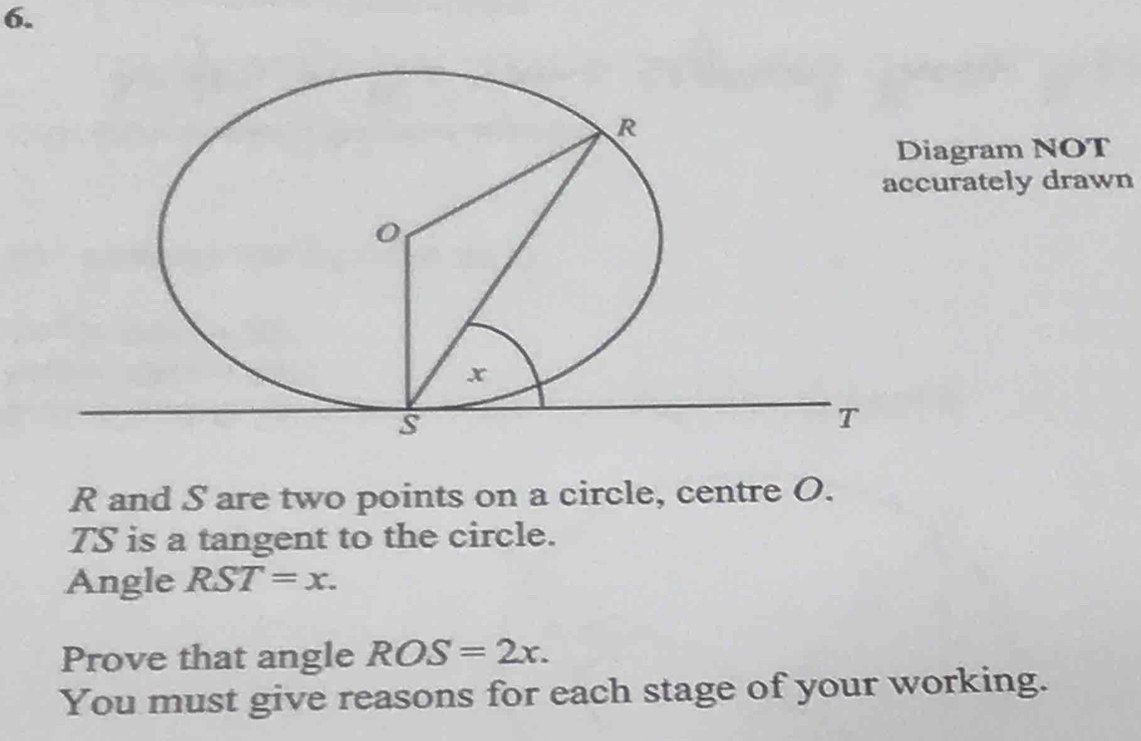 iagram NOT 
curately drawn
R and S are two points on a circle, centre O.
TS is a tangent to the circle. 
Angle RST=x. 
Prove that angle ROS=2x. 
You must give reasons for each stage of your working.