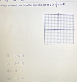 Which ordered pair is in the solution set of y≥  1/3 x+4 ?
A (-6,1)
(-1,6)
(6,-1)
(1,-6)