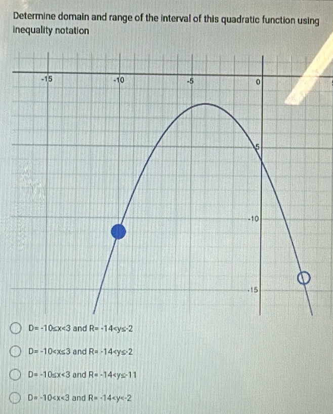 Determine domain and range of the interval of this quadratic function using
inequality notation
and R=-14
D=-10 and R=-14
D=-10≤slant x<3</tex> and R=-14
D=-10 and R=-14