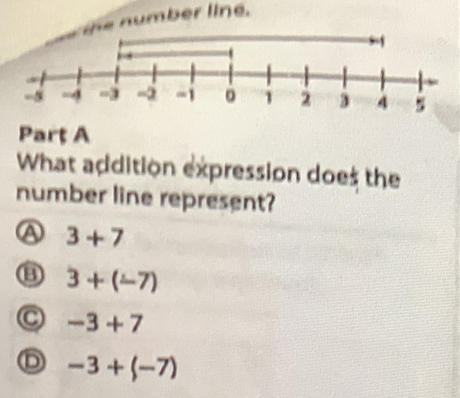 mber l ine.
Parț A
What addition expression does the
number line represent?
a 3+7
3+(-7)
C -3+7
D -3+(-7)