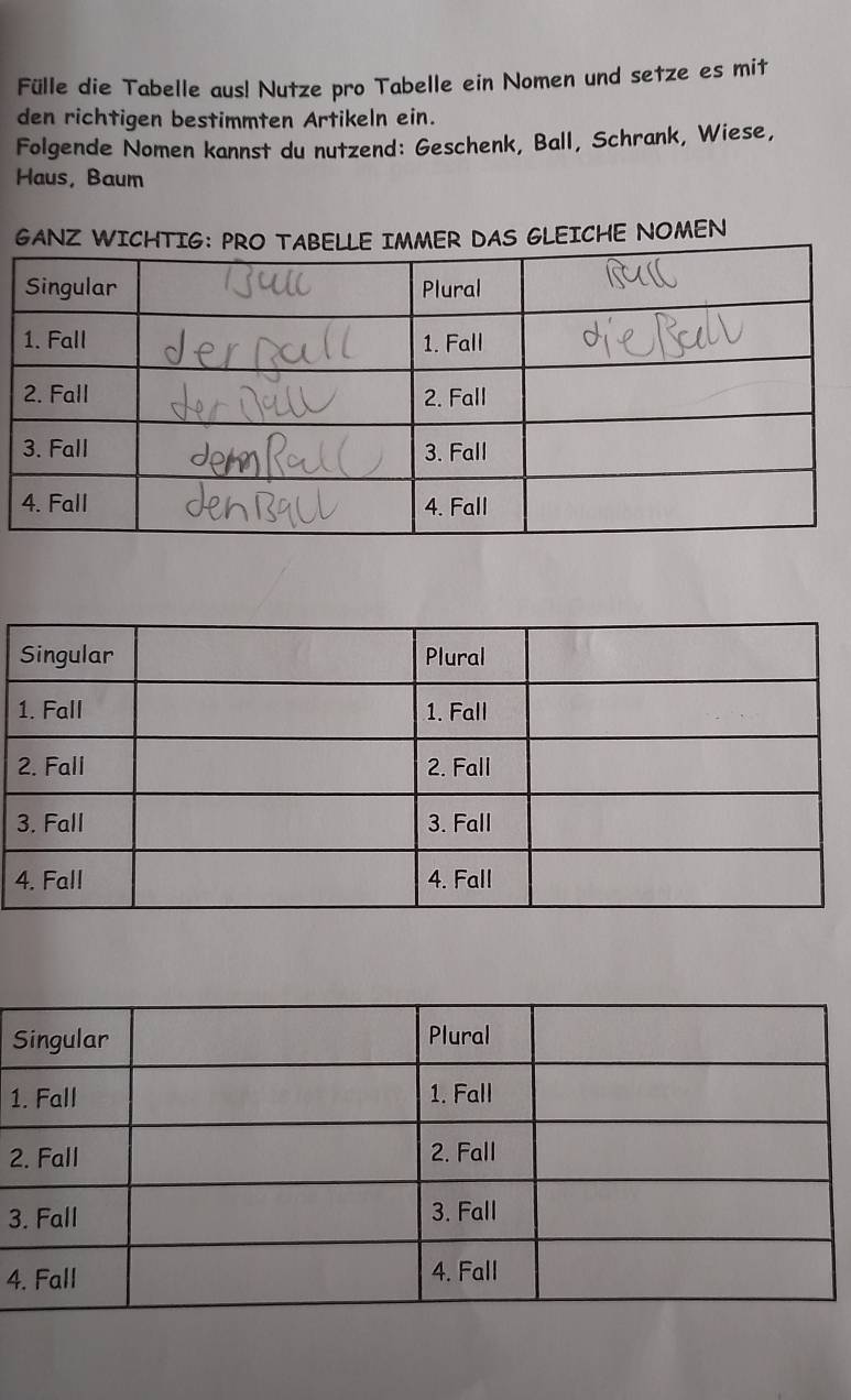 Fülle die Tabelle aus! Nutze pro Tabelle ein Nomen und setze es mit 
den richtigen bestimmten Artikeln ein. 
Folgende Nomen kannst du nutzend: Geschenk, Ball, Schrank, Wiese, 
Haus, Baum 
LEICHE NOMEN 
S 
1 
2 
3 
4